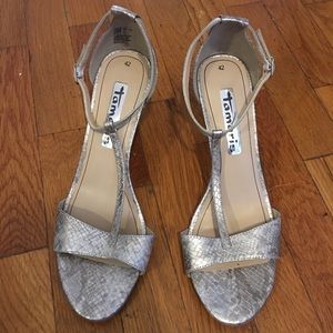 silver sandals, high heels, size 12, like new